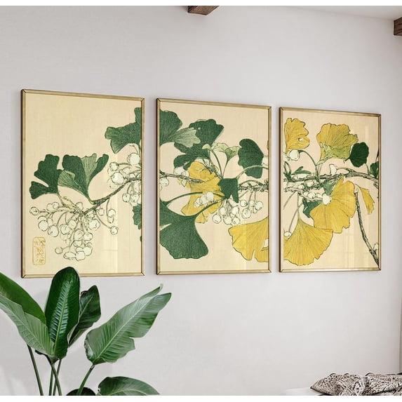 Ginkgo Botanical Japanese Woodblock Print Set 3 Unframed Paper Print 8x12