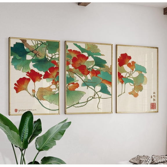 Ginkgo Botanical Japanese Woodblock Print Set 3 Unframed Paper Print 8x12