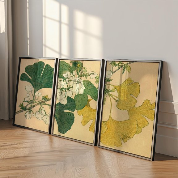 Ginkgo Botanical Japanese Woodblock Print Set 3 Unframed Paper Print 8x12