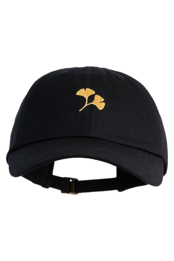 Ginkgo Embroidered Dad Style Unstructured Low Profile 6 panel Cotton Cap - Black OSFM