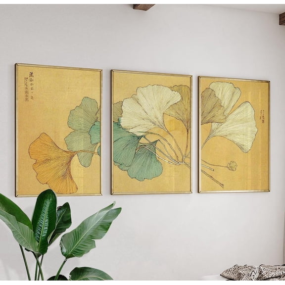 Ginkgo Leaf Artwork Japanese Woodblock Print Set 3 Unframed Paper Print 16x24