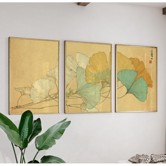 Ginkgo Leaf Artwork Japanese Woodblock Print Set 3 Unframed Paper Print 8x12
