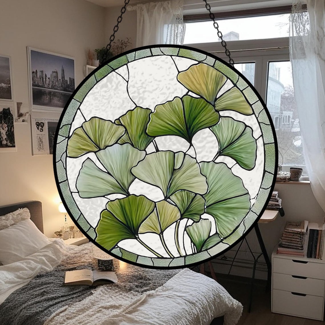 Gingko Window Ginkgo Leaf Glass Suncatcher v2, Japanese Botanical Window Art, Green ...