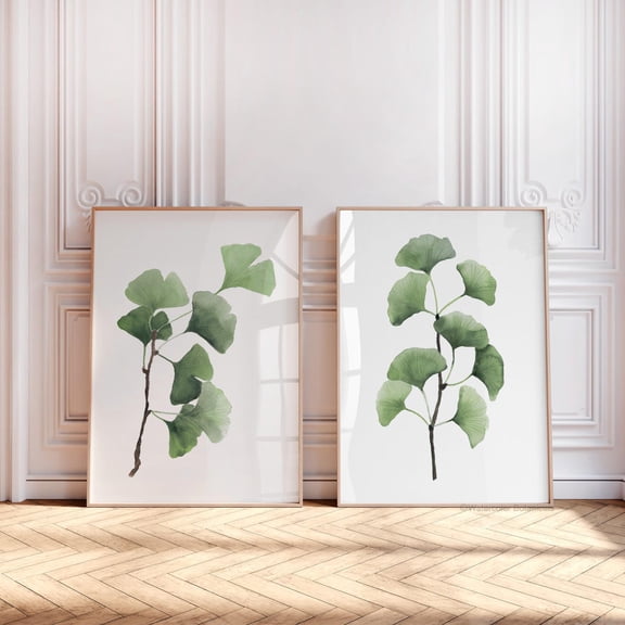 Ginkgo Leaf Green Botanical Minimalist Tree Branch Decor Set 2 Unframed Paper Print 8x12