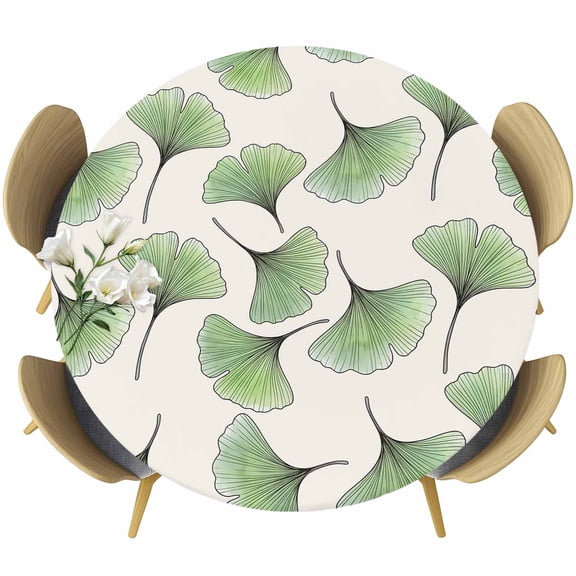 Ginkgo Leaf Round Tablecloth 36-44 Inch Round Fitted Table Cloth with Elastic Edge, Botanical Plants Dark Green Leaves Cream Waterproof Table Cover Protector for Outdoor Picnic Party Dining