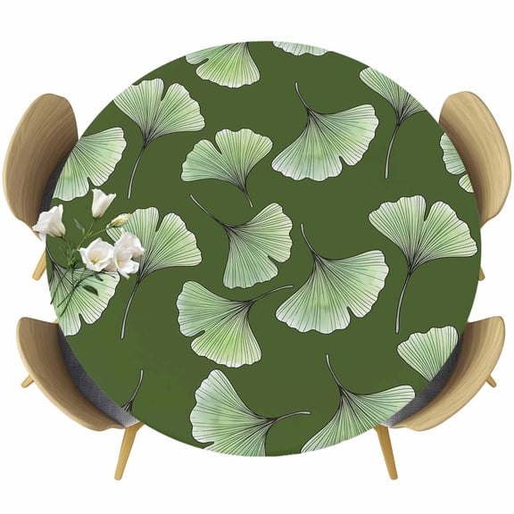 Ginkgo Leaf Round Tablecloth 36-44 Inch Round Fitted Table Cloth with Elastic Edge, Botanical Plants Dark Green Leaves Waterproof Table Cover Protector for Outdoor Picnic Party Dining
