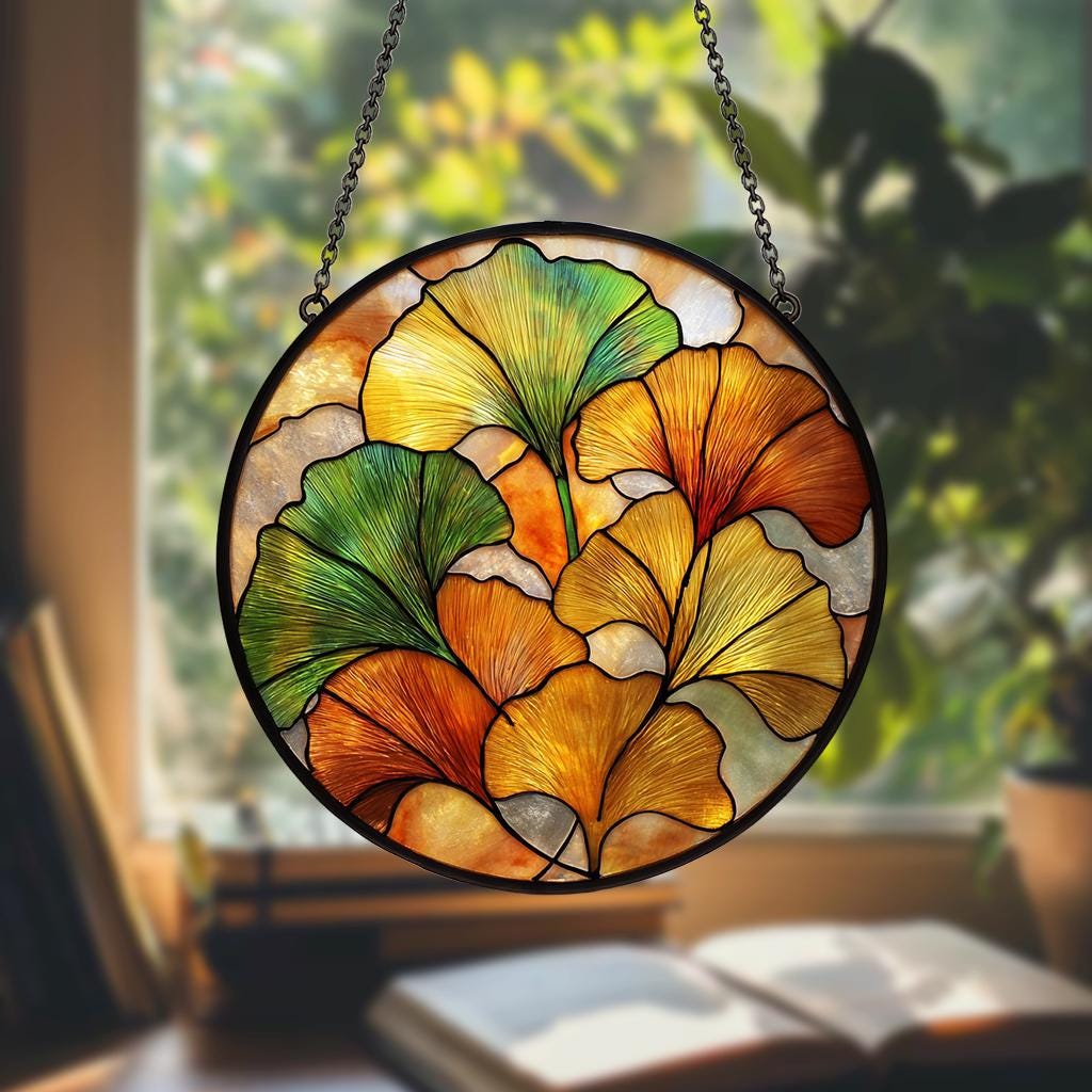 Gingko Window Ginkgo Leaf Stained Glass Suncatcher, Yellow Ginkgo Window Hanging Art ...
