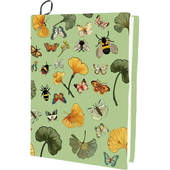 Ginkgo Leaf Stretchable Book Cover Butterfly Green Washable Reusable Nylon Cloth Elastic Covers Protector 9.4x15.7 Inch for Hardcover Paperbacks Book Lovers Gift Notebook Teacher Textbook DIY