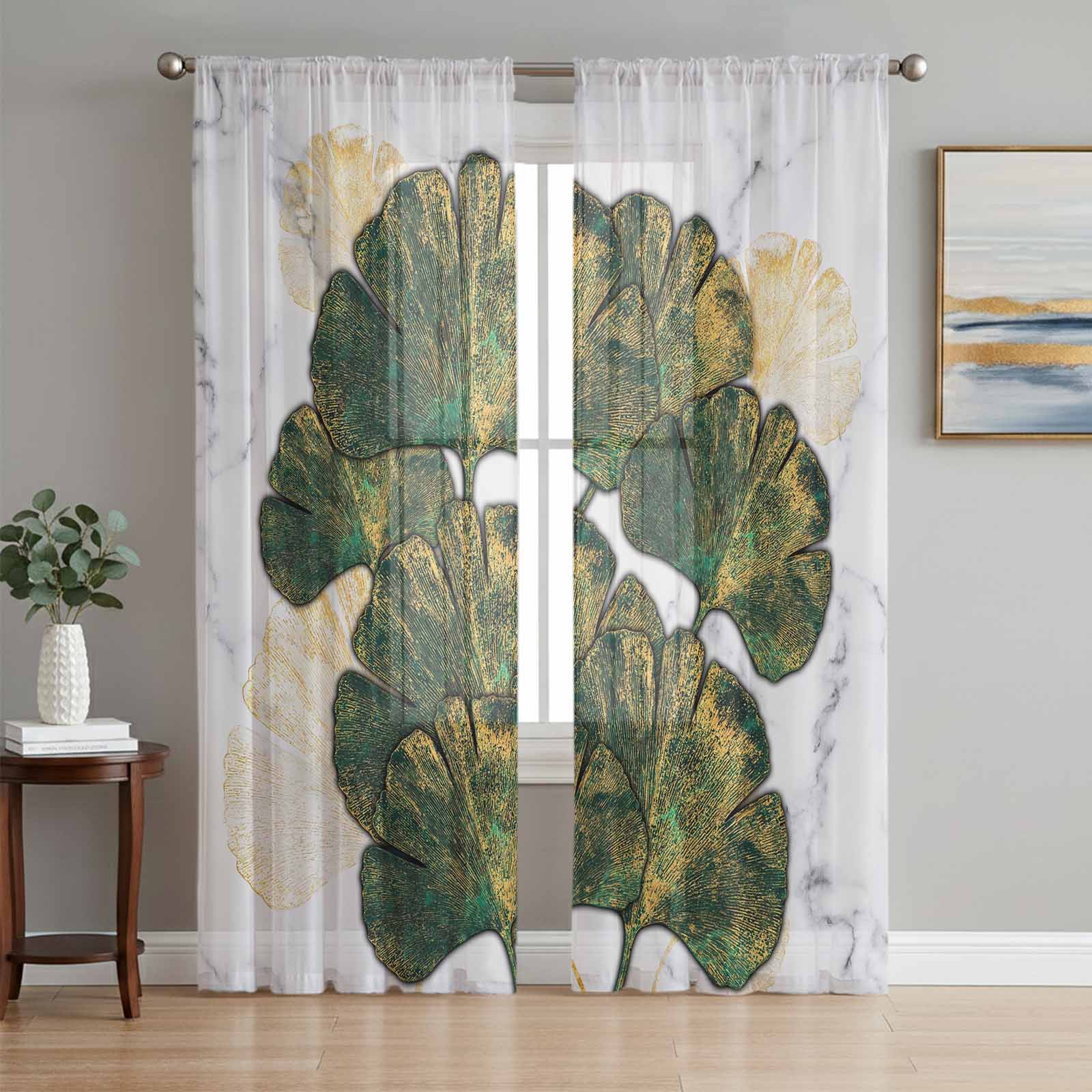 Rod Ginkgo Ginkgo Leaves Sheer Curtains 84 Inch Length 2 Panels Set, Marble Modern ...
