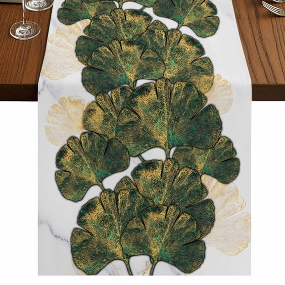 Ginkgo Leaves Short Table Runner 36 Inches Long,Marble Modern Abstract Art Green Golden Cotton Linen Table Runners Dresser Scarves,Fabric Tabletop Scarf Furniture Cover for Home Dinner Party 13"x36"
