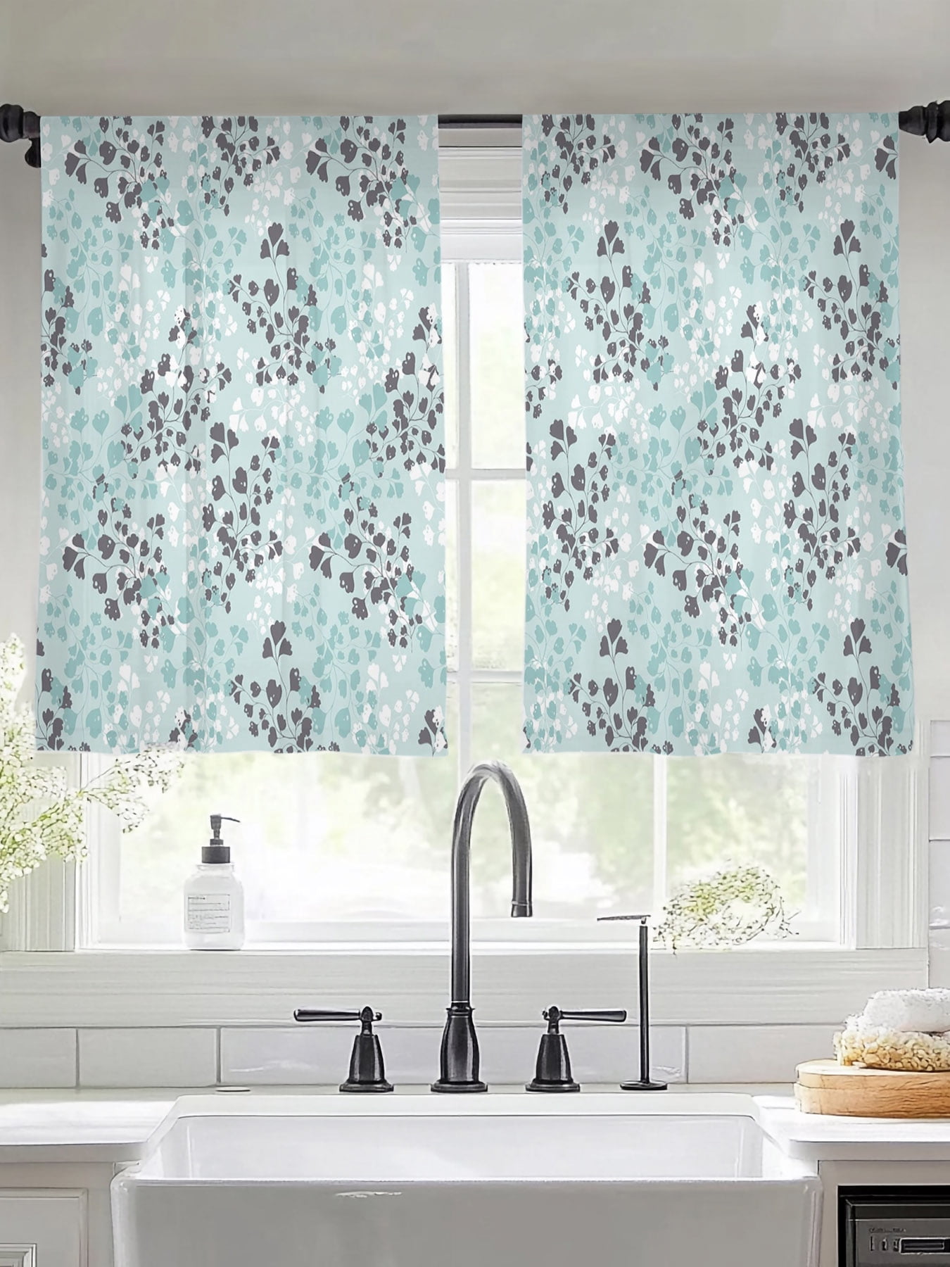 Ginkgo Leaves Window Sheer Curtain Spring Rustic Country Blue Gray ...
