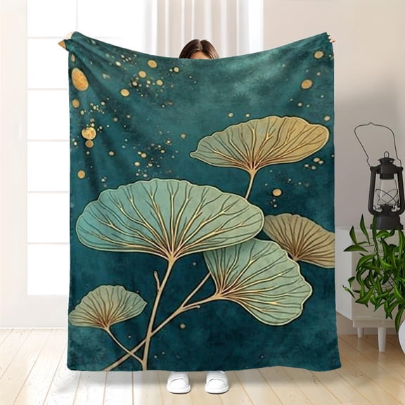 Ginkgo Minima Printed Flannel Blanket - Ultra-Soft Dark Teal with Gold Ginkgo Leaves, Cozy Vintage Style All-Season Throw for Sofa, Office, Nap, or Camping