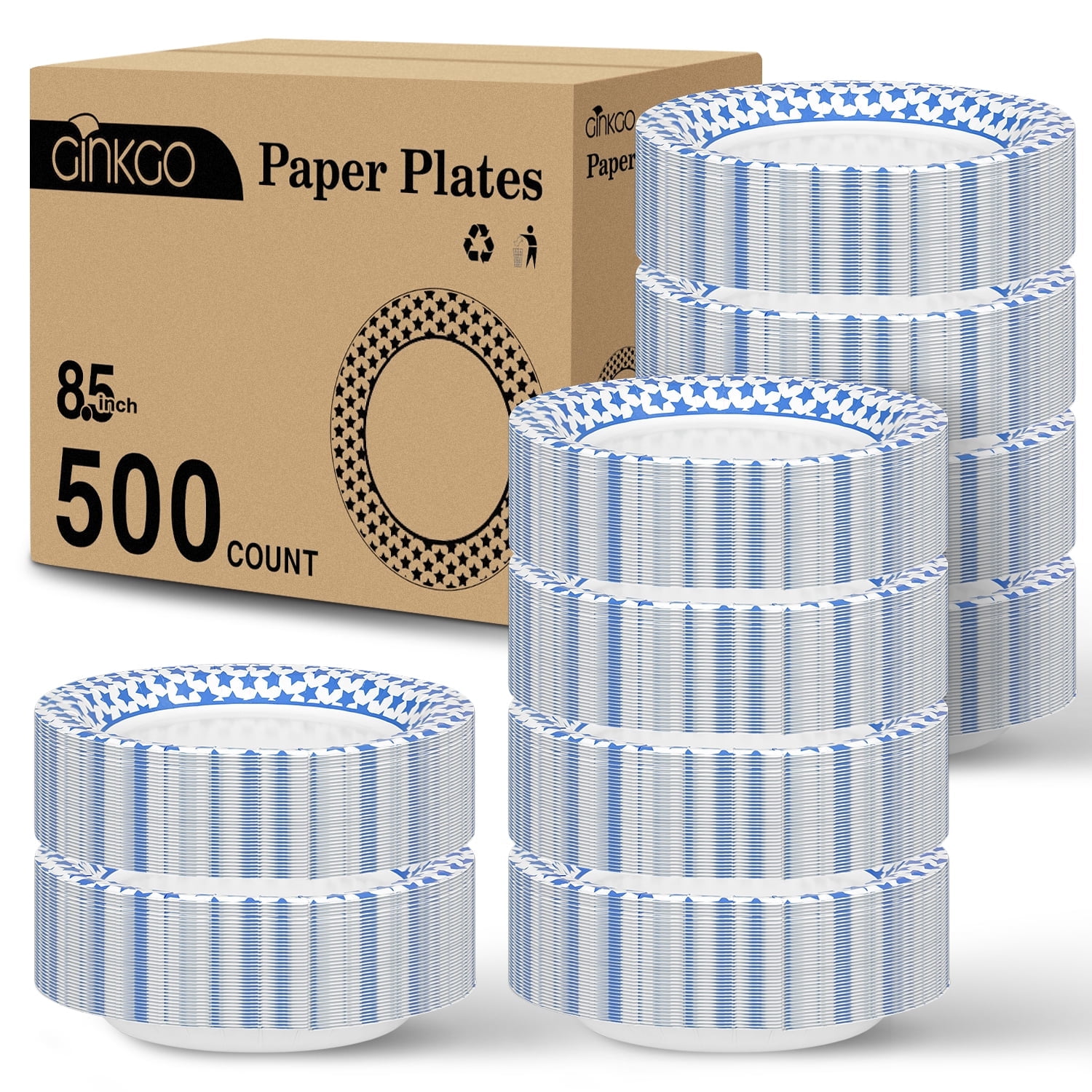 Ginkgo Paper Plates 8.5 Inch 500 Count,Microwave-Safe,Soak-Proof,Cut Resistant,Disposable Plates For Everyday Gatherings