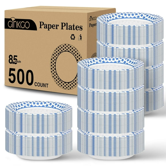 Ginkgo Paper Plates 8.5 Inch 500 Count,Microwave-Safe,Soak-Proof,Cut Resistant,Disposable Plates For Everyday Gatherings