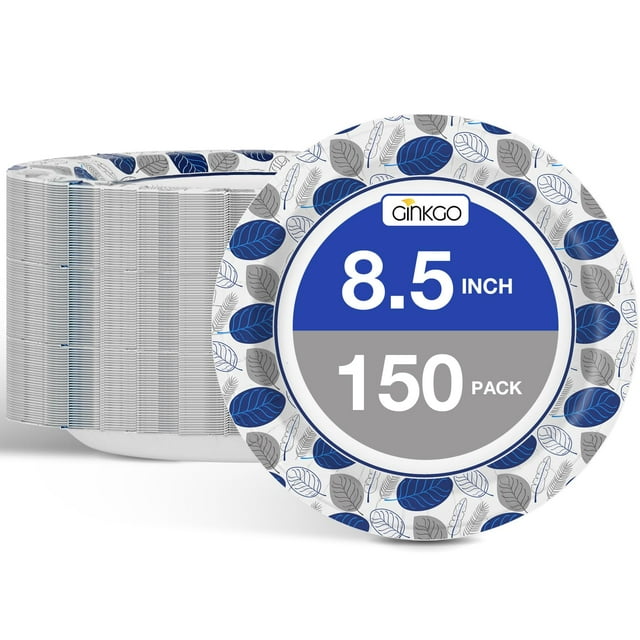 Ginkgo Paper Plates 8.5 Inch HYZ01 Bulk 150 Count, Microwave Safe, Soak