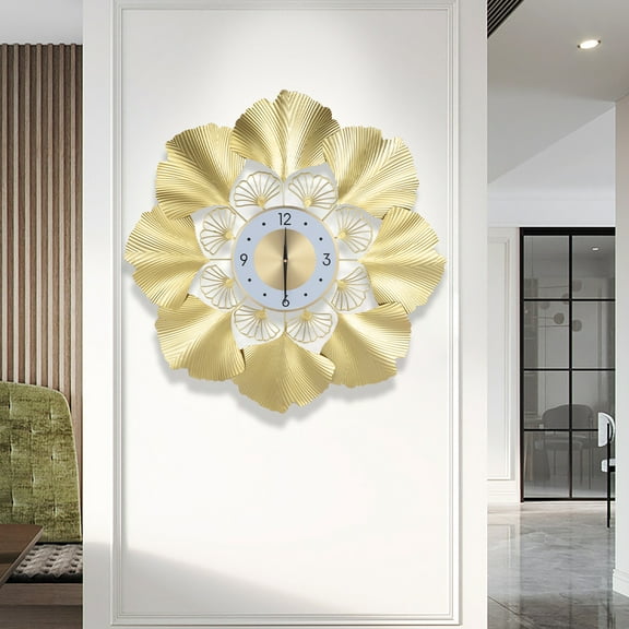 Ginkgo Wall Clock 3D Creative Wall Clock, Gold Dial Design Silent Sweep Seconds Movement Digital Display Wall Clock