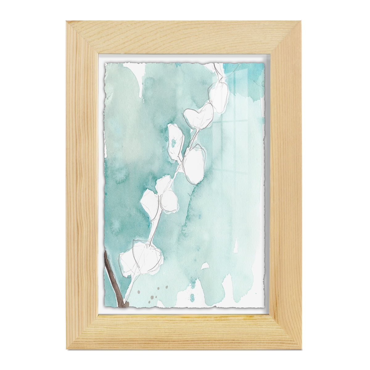 Ginkgo on Dusty Teal V - Framed Print w/glass - Natural Wood
