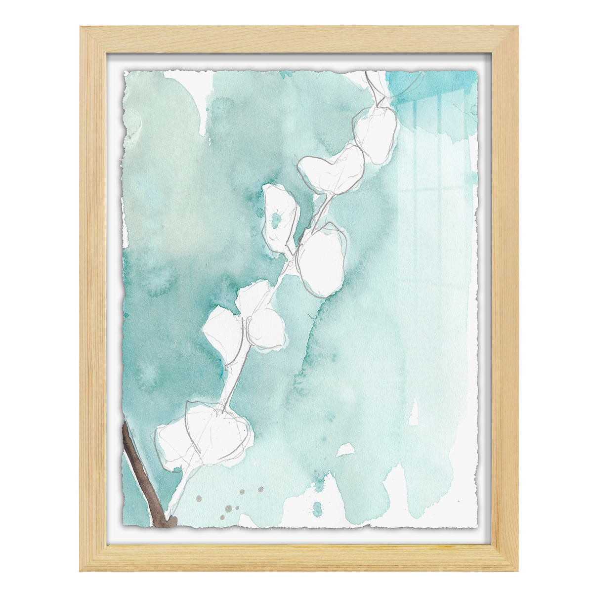 Ginkgo on Dusty Teal V - Framed Print w/glass - Natural Wood