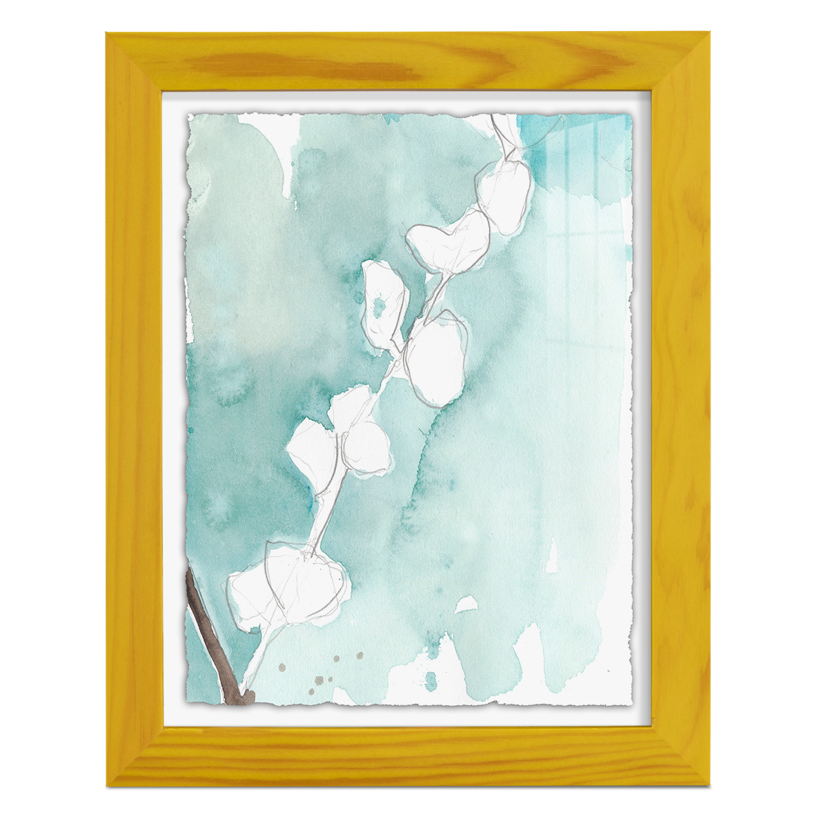 Ginkgo on Dusty Teal V - Framed Print w/glass - Sunflower Yellow