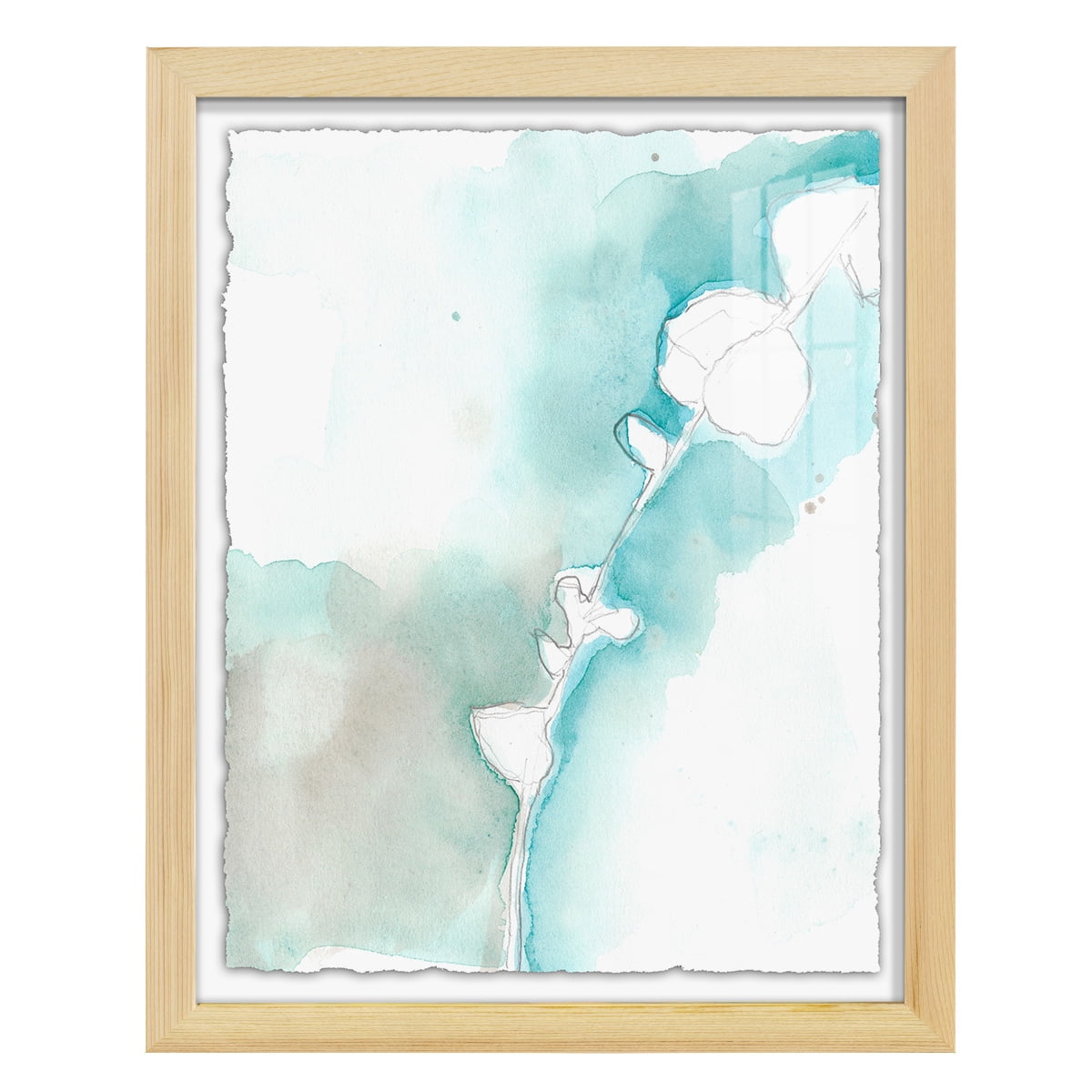Ginkgo on Dusty Teal VII - Framed Print w/glass - Natural Wood