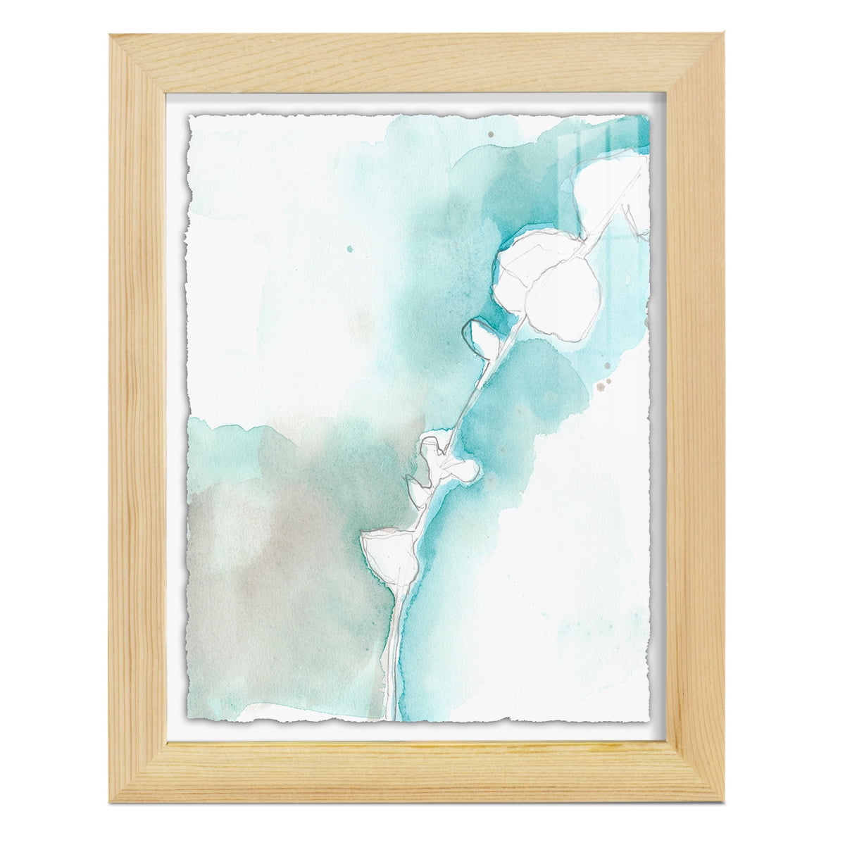 Ginkgo on Dusty Teal VII - Framed Print w/glass - Natural Wood