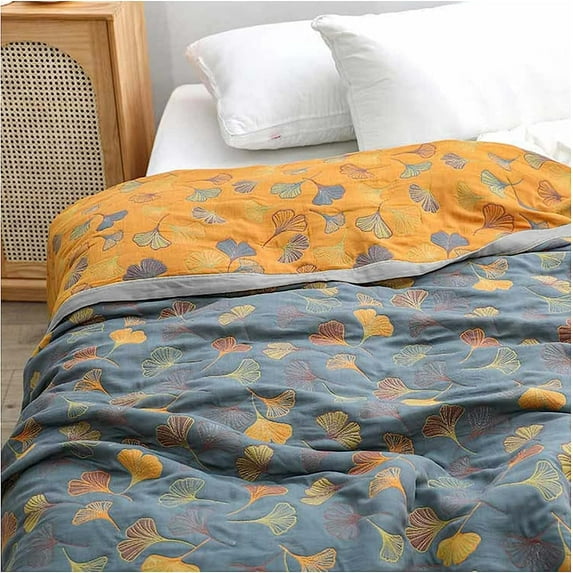 GinkgoLeaf Pattern Cotton Reversible Quilt - Ultra Soft Lightweight Breathable Ginkgo Leaf Pattern Quilt,Air Conditioning Quilt - Queen and King Size Bedding (90" W X 98" L)
