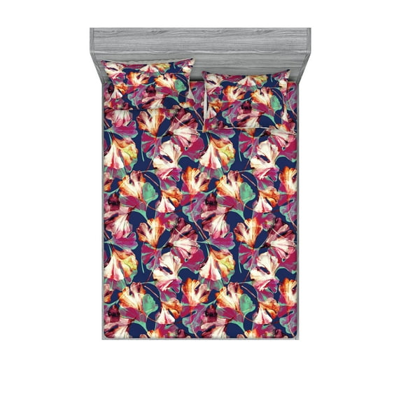 Ginko Leaves Fitted Sheet & Pillow Sham Set, Psychedelic Colors Leafy Pattern Dreamy Aura Artwork Tropical Print, Decorative Printed 3 Piece Bedding Decor, King, Dark Indigo Magenta, by Ambesonne