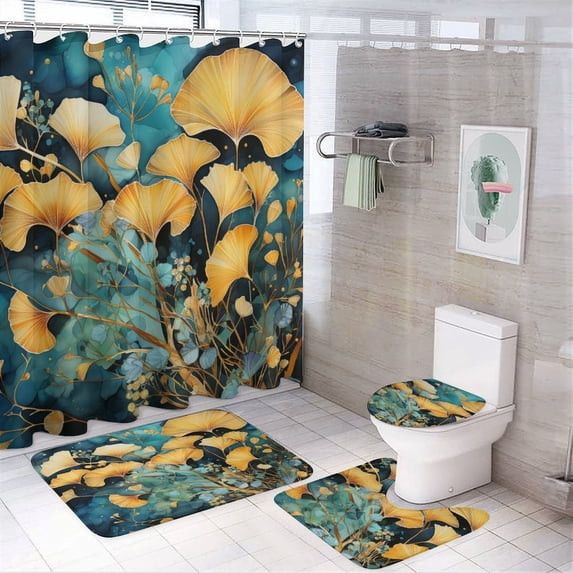 Ginko Leaves Watercolor in Gold And Turquoise 4 Pcs Shower Curtain Set Non-Slip Rugs And Toilet Mat Lid Rug Accessories Modern Simple Style Waterproof Shower Curtain for Bathtub Decor