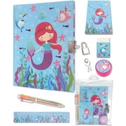 Ginmlyda Secret Diary with Lock and Keys, Students Notebook Stationery Set Incl. Blue Mermaid Journal with Lock Memo pad 6 Colored Pen Ruler Sharpener Eraser for Learning Writing Drawing Gifts