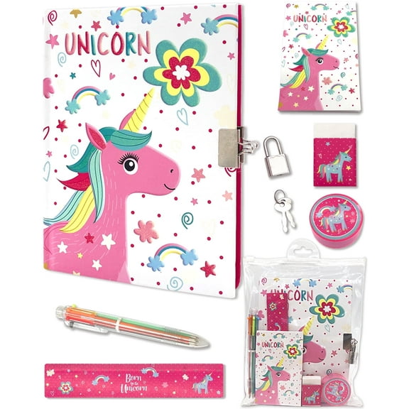 Ginmlyda Secret Diary with Lock and Keys, Students Notebook Stationery Set Incl. Pink Unicorn Journal with Lock Memo pad 6 Colored Pen Ruler Sharpener Eraser for Learning Writing Drawing Gifts