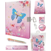 Ginmlyda Secret Diary with Lock and keys, Notebook Stationary Set Incl. Pink Butterfly Journal with Lock Memo pad 6 Colored Pen Ruler Sharpener Eraser for Learning Writing Drawing Gifts