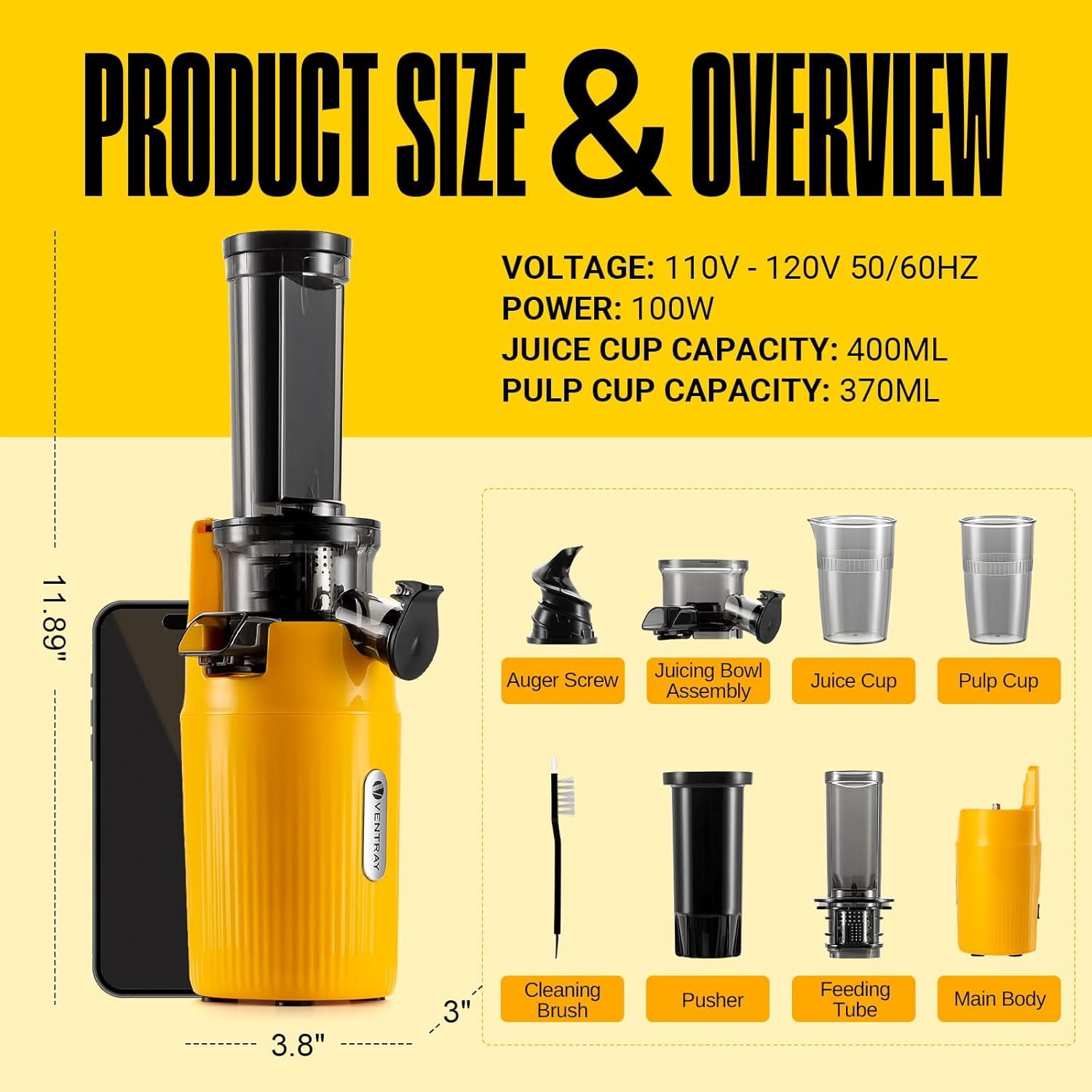 Ginnie  Cold Press Juicer, Small Slow Masticating Juicer for Vegetables and Fruits, High  Yield, Easy to Clean, Space-Saving, Fit for Personal/Travel/Picnic/Office - Yellow