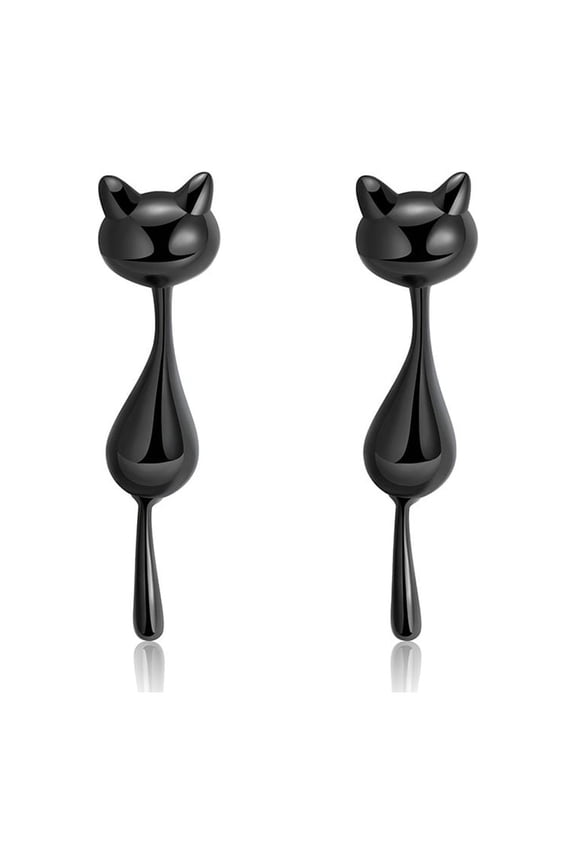 Ginny Black Cat Kitty Dangle Earrings for Women Sterling Silver Ginger Lyne Collection