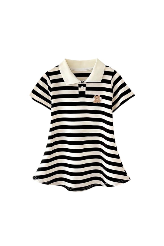 Ginny & Kate Girls Polo Dress Black White Stripe Short Sleeve A-Line Dress with Bear Embroidery for Kids to Kids 2-10 Years,Size 9-10 T
