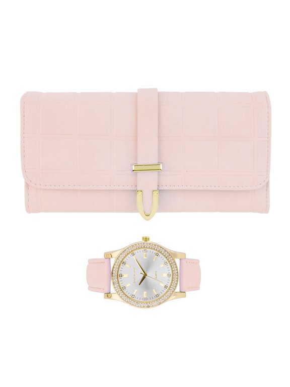 Women's Luxury Watch & Matching Leather Wallet Set – Elegant Gold Timepiece with Stylish Tri-Fold Clutch