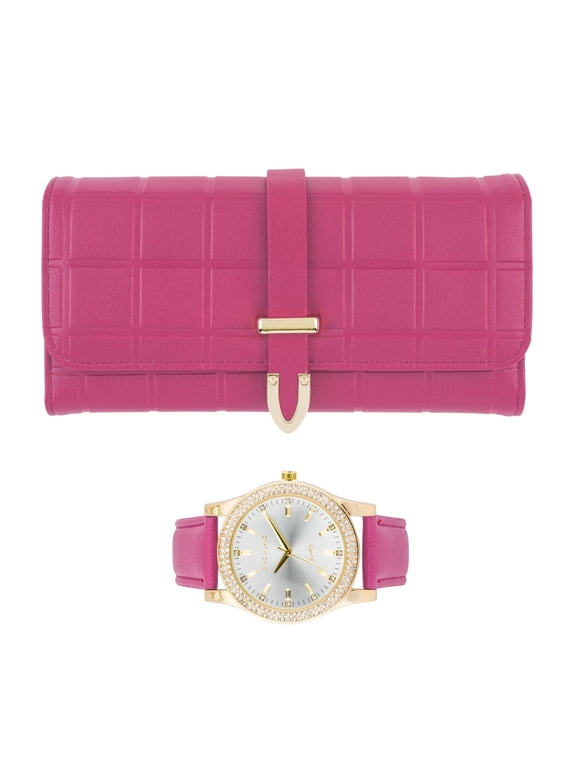 Women's Luxury Watch & Matching Leather Wallet Set – Elegant Gold Timepiece with Stylish Tri-Fold Clutch