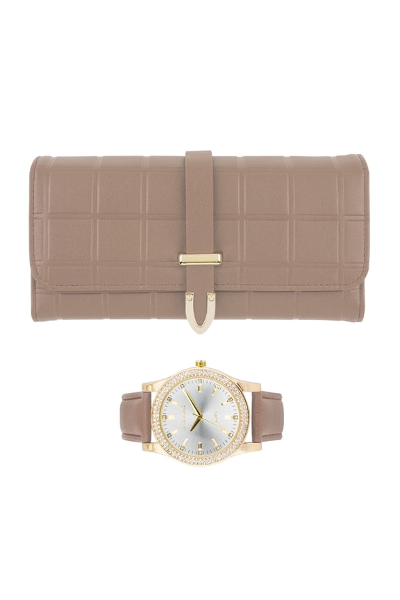Women's Luxury Watch & Matching Leather Wallet Set – Elegant Gold Timepiece with Stylish Tri-Fold Clutch