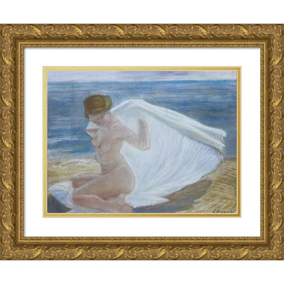 Gino Piccioni 18x14 Gold Ornate Wood Frame and Double Matted Museum Art Print Titled - Lady by the Sea