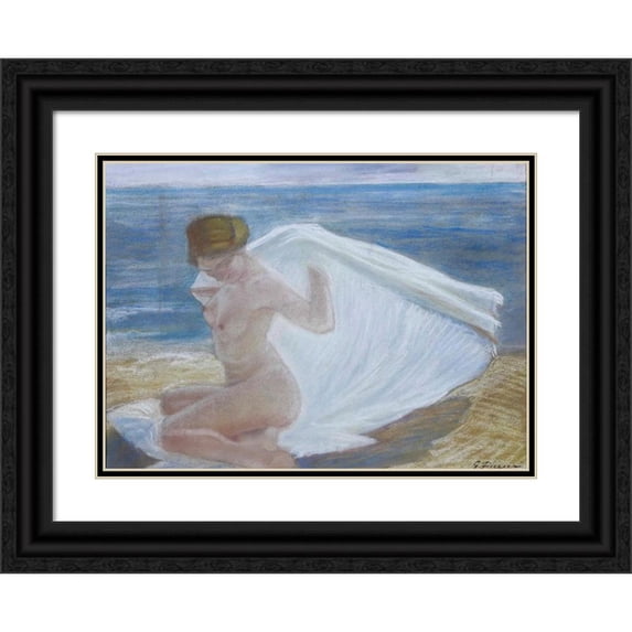 Gino Piccioni 24x19 Black Ornate Framed Double Matted Museum Art Print Titled: Lady by the Sea