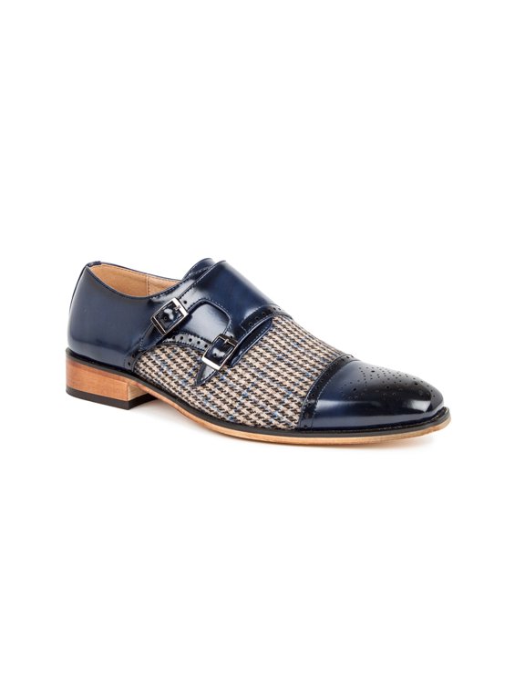 Double Monk Strap Houndstooth Medallion Cap Toe Dress Shoes