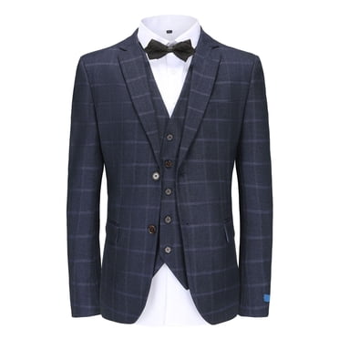 VINCI Men's Light Blue Windowpane 3-Piece Modern Fit Suit – Polyester/Rayon, Notch Lapel, Flat Front Trousers