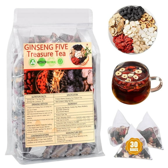 Ginseng Five Treasure Tea - Natural Chinese Traditional Herbal Ginseng Five Treasures Kidney Detox Cleanse Teabag For Men Women 30 Bags