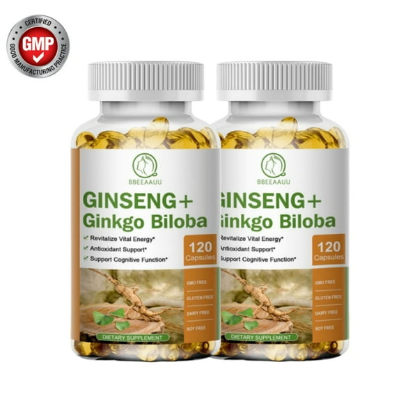 Ginseng + Ginkgo Biloba, Ginseng Root Extract Powder 1000mg (10% Ginsenosides) + Gingko Biloba 200mg, Energy and Focus Pills for Men and Women, 240 Vegan Capsules, 2 Pack