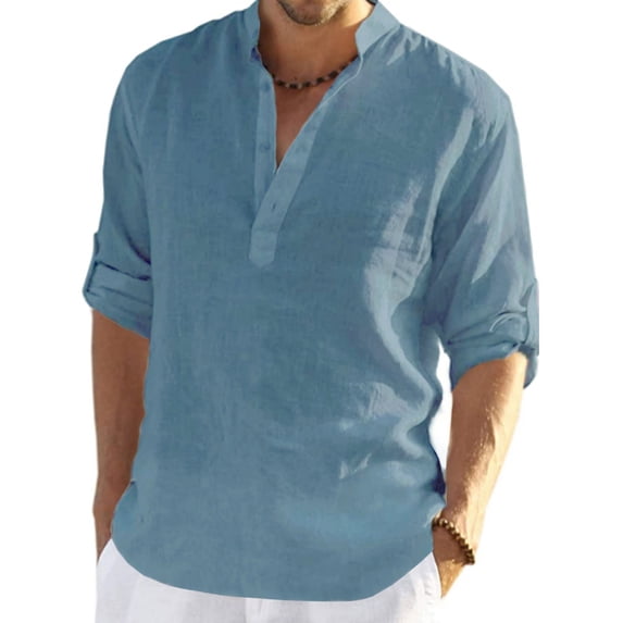 Ginsiom Men's Cotton Linen Shirt Long Sleeve Henley Shirts Hippie Beach T Shirts for Men