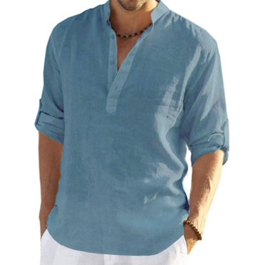 Mens V Neck Cotton Linen Henley Shirts Long Sleeve Banded Collar T ...