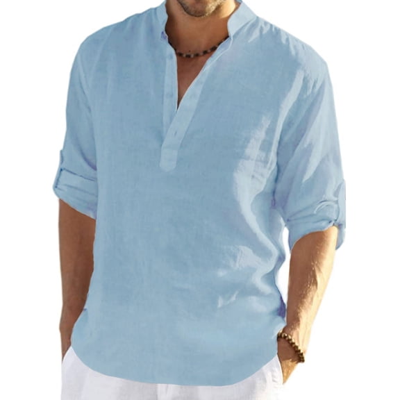 Ginsiom Men's Cotton Linen Shirt Long Sleeve Henley Shirts Hippie Beach T Shirts for Men