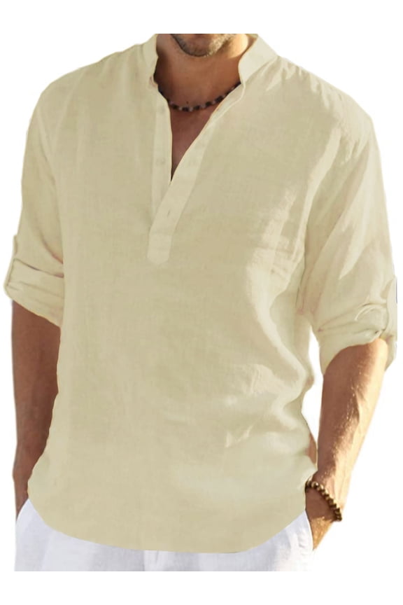 Men's Cotton Linen Shirt Long Sleeve Henley Shirts Hippie Beach T Shirts for Men