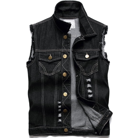 Ginsiom Mens Denim Vest Sleeveless Slim Fit Ripped Retro Jean Vest Jacket