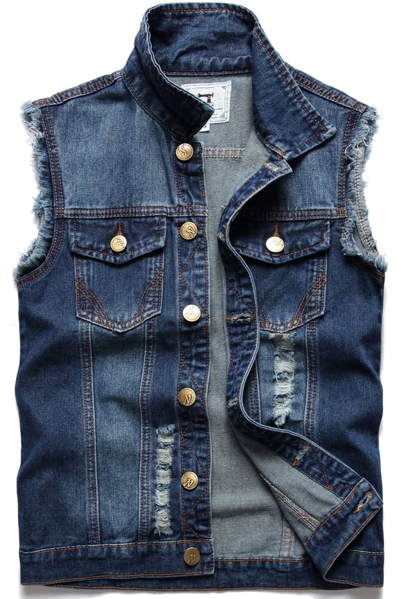 Mens Denim Vest Sleeveless Slim Fit Ripped Retro Jean Vest Jacket