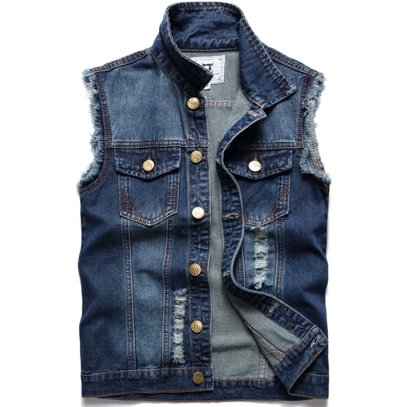Ginsiom Mens Denim Vest Sleeveless Slim Fit Ripped Retro Jean Vest Jacket
